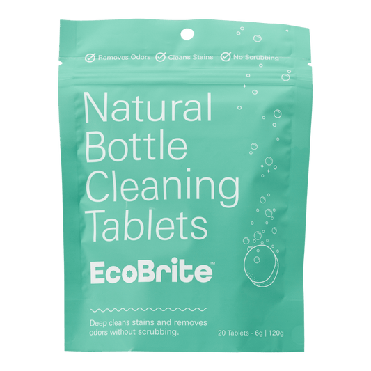 Bottle Cleaning Tablets 20 Pack in EcoBrite; front of teal resealable packet labeled \Natural Bottle Cleaning Tablets EcoBrite\