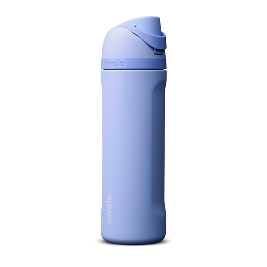 Owala FreeSip 24oz in Out of the Blue, periwinkle blue insulated bottle with matching blue-lavender flip cap and carry loop