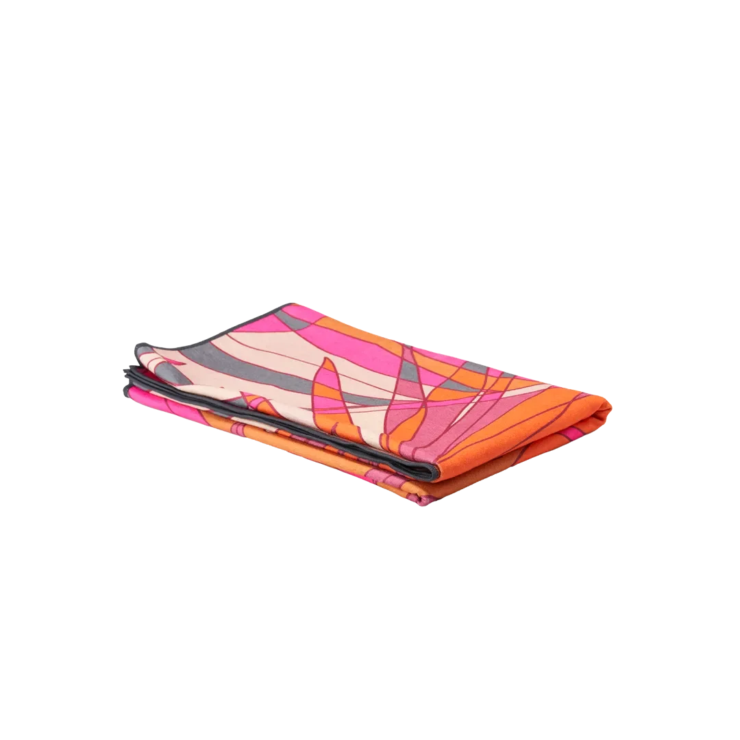 Owala folded towel in Tropic Like It's Hot, pink, orange, magenta, and beige abstract print