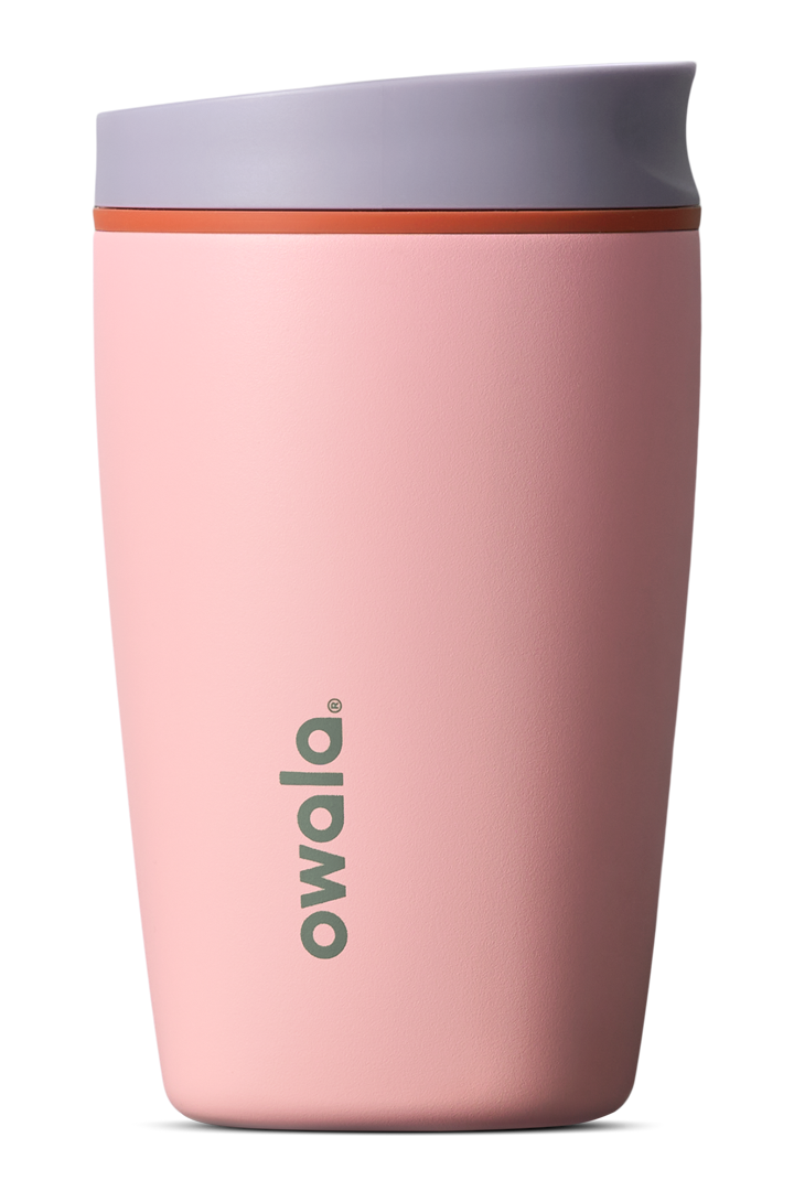 Owala SmoothSip Slider 12oz in Sugar High, soft pink insulated stainless steel body with gray lid and orange accent ring