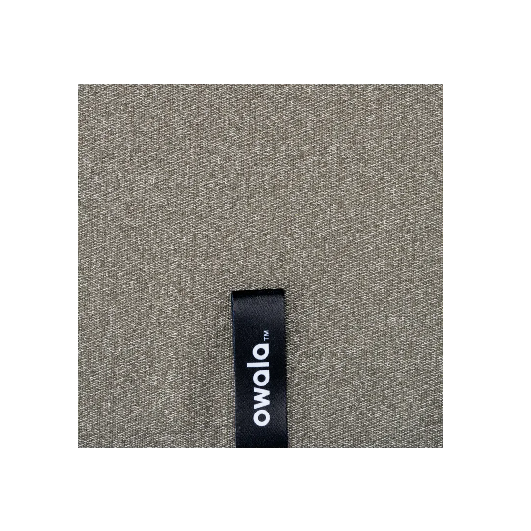 Owala towel in Tropic Like It's Hot, grey microfiber towel back detail with black Owala woven label tag